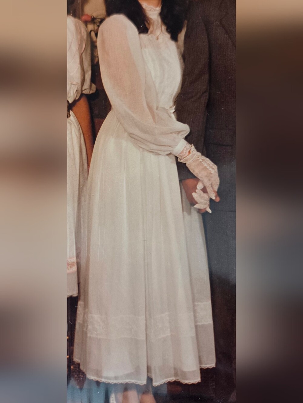 Vintage Early 80s Edwardian Inspired Prairie Style Bridal Tea Length Dress